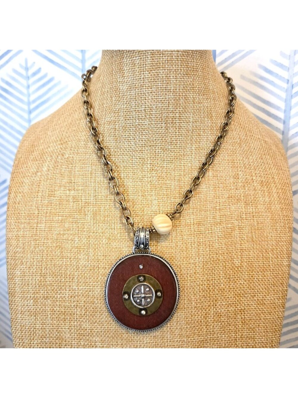 Chico's Gold & Silver Wood Medallion 22" Necklace